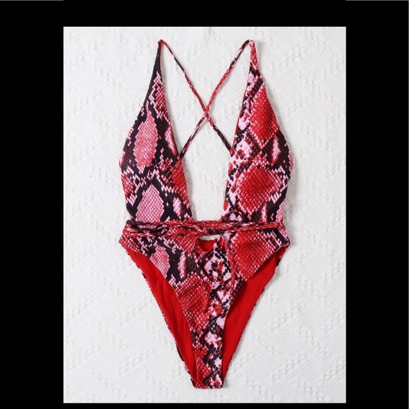 NWOT Snakeskin Print Plunging One Piece Swimsuit - Picture 3 of 3